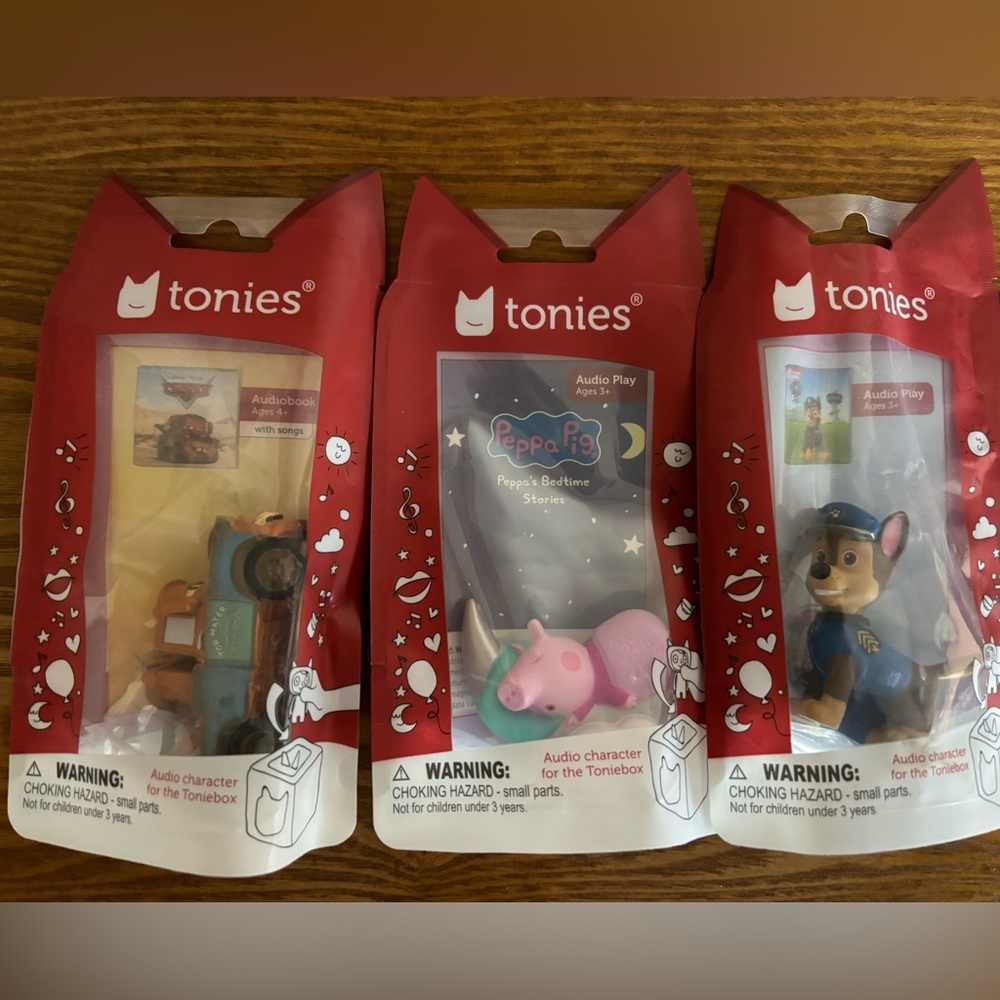 I have a set of Peppa Pig, Cars Mater, and Paw Patrol Chase Tonies.